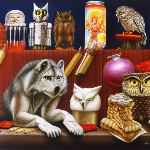 pencil, fence, nutcracker, owl, wolf, fried chicken, jar, armadillo, cushion, sock